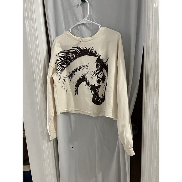 Roper Cream Horse Print Cropped Sweatshirt Sz M Oversized - Picture 1 of 6